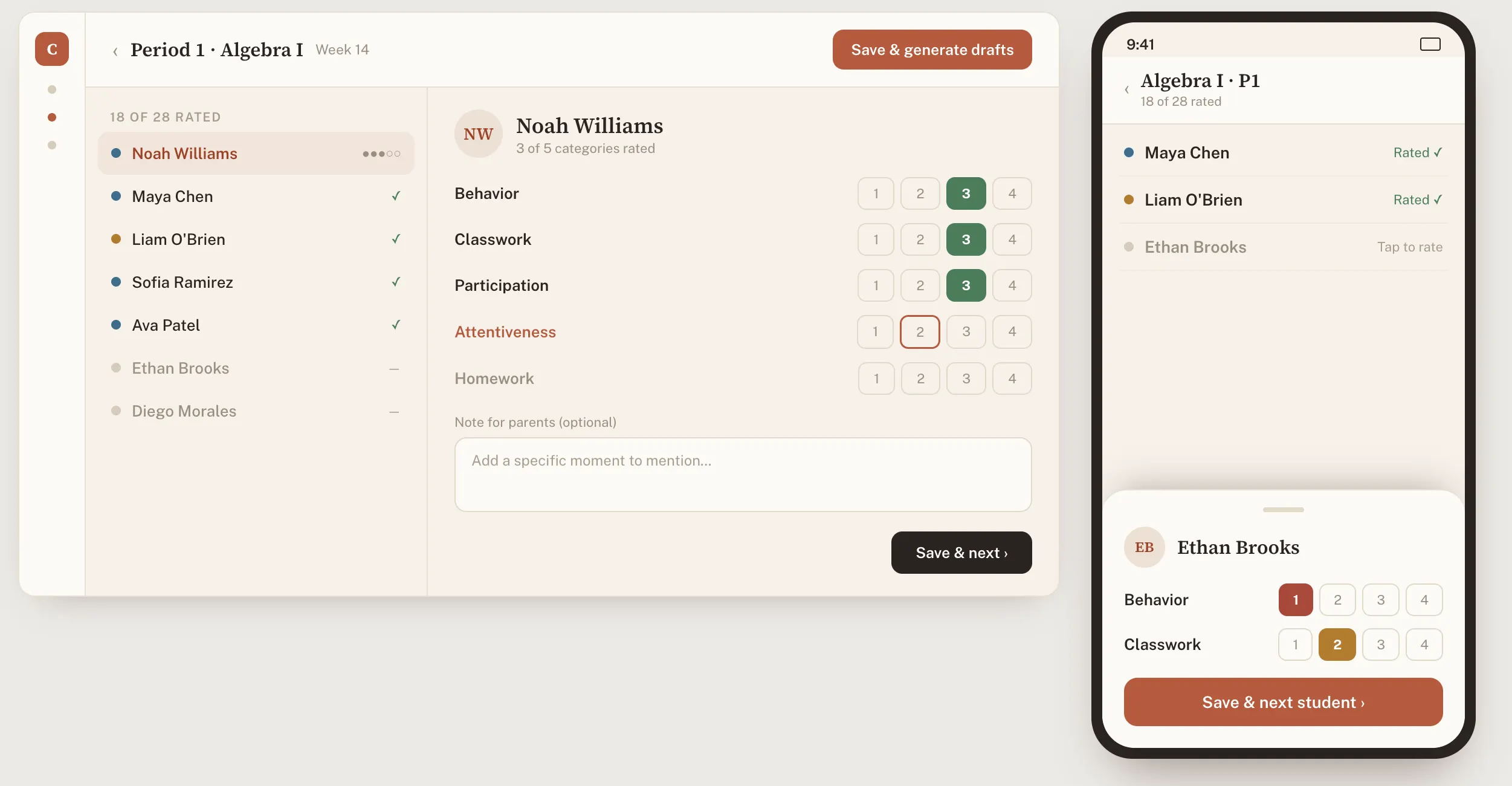 ConnectEd teacher grading — web dashboard and mobile rating
